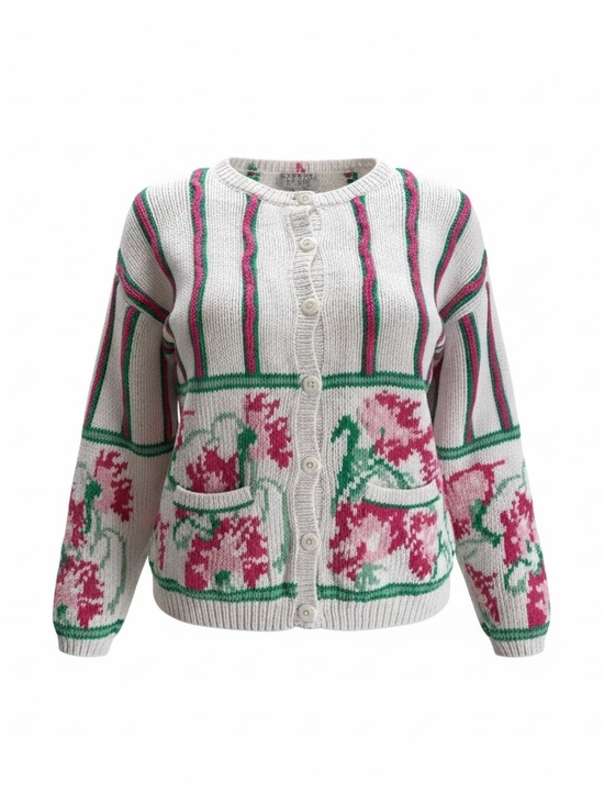 Cambridge Spirits Sweaters - Cambridge Spirits White Floral Stripe Button-Up Cardigan Vintage Women’s L